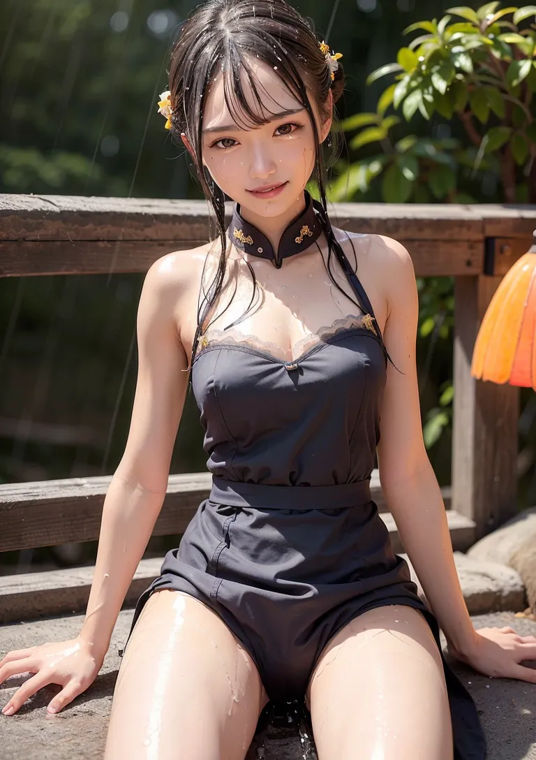 黒いチャイナドレスに髪飾りをあしらった美少女が、雨に濡れた庭園の木製縁側に座るポートレート。緑に囲まれた屋外で、柔らかな表情と上品な雰囲気を演出しています。