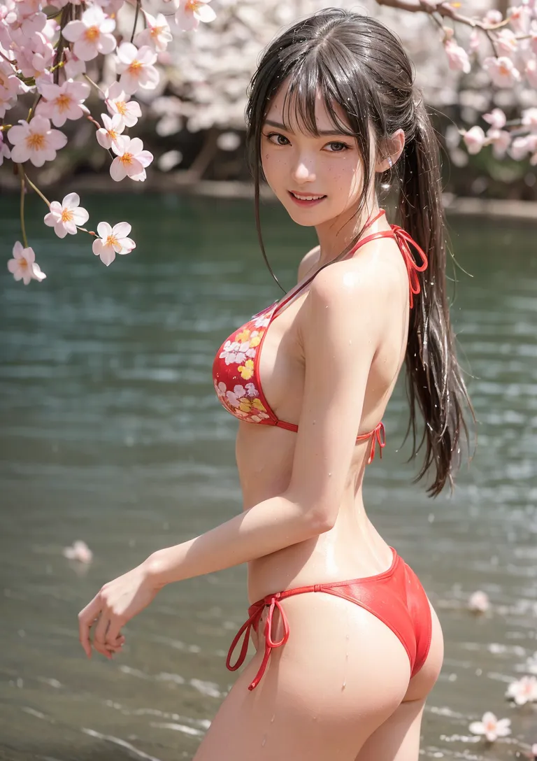 桜が咲き誇る水辺で、赤い花柄の水着姿で微笑む美少女のポートレート。長い黒髪と優しい表情、背景に浮かぶ淡いピンクの花びらが春の情緒を引き立てます。