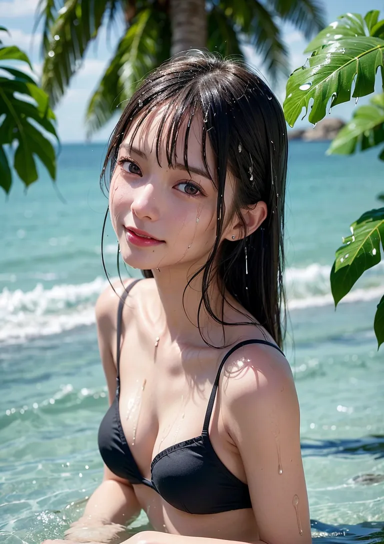 青い海と緑のヤシの葉に囲まれた砂浜で、黒髪の少女が振り返る瞬間を捉えたポートレート。水滴が輝く肌と涼しげな表情が、夏の清涼感を引き出しています。