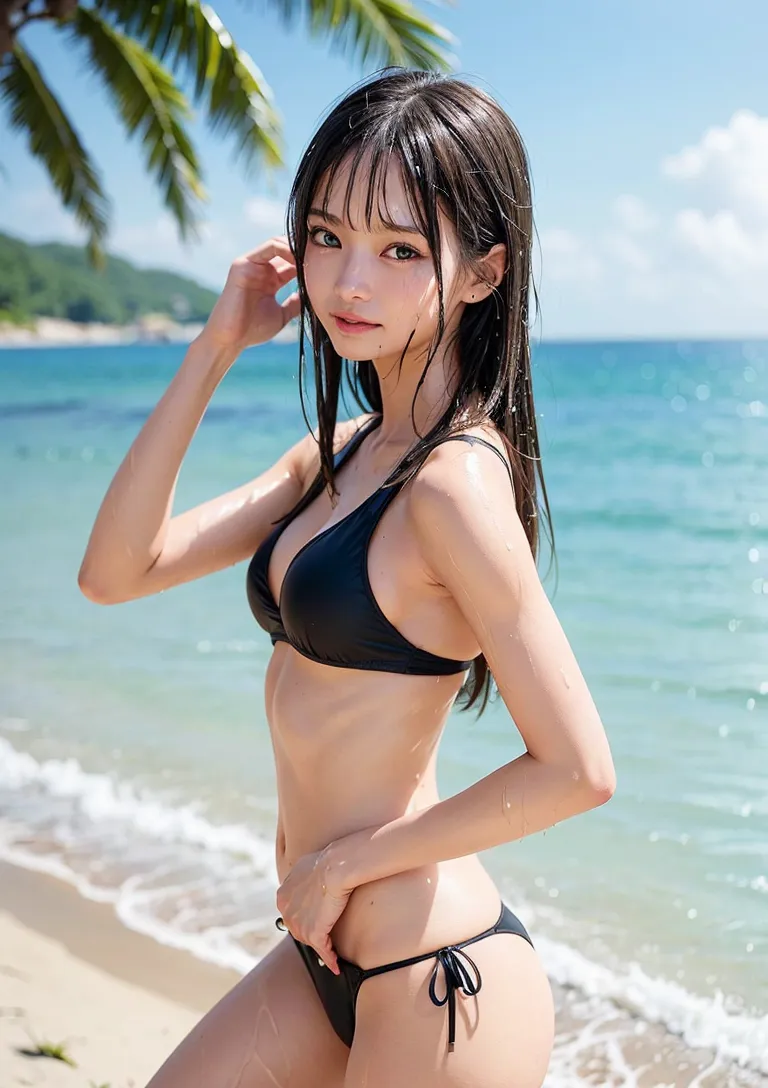 青く澄んだ海と白い砂浜を背景に、黒いビキニを身につけた長髪の美少女が爽やかな表情で佇んでいます。椰子の葉が揺れるリゾート風の風景の中、夏の日差しが優しく輝く瞬間を捉えたイラストです。