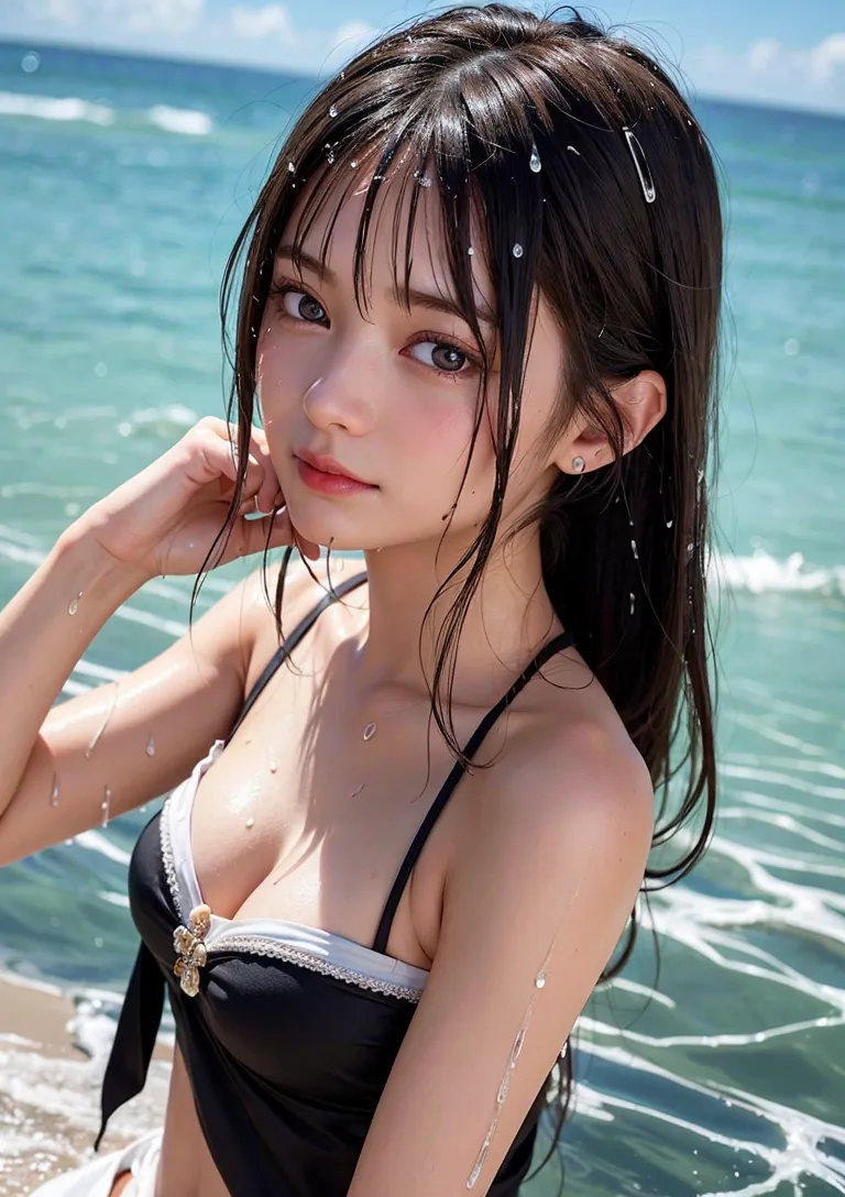 透き通るような肌と黒髪が印象的な美少女が、波打つ海を背景に佇んでいます。濡れた髪が光に煌めき、清涼感溢れる夏の海での一瞬を切り取った作品です。