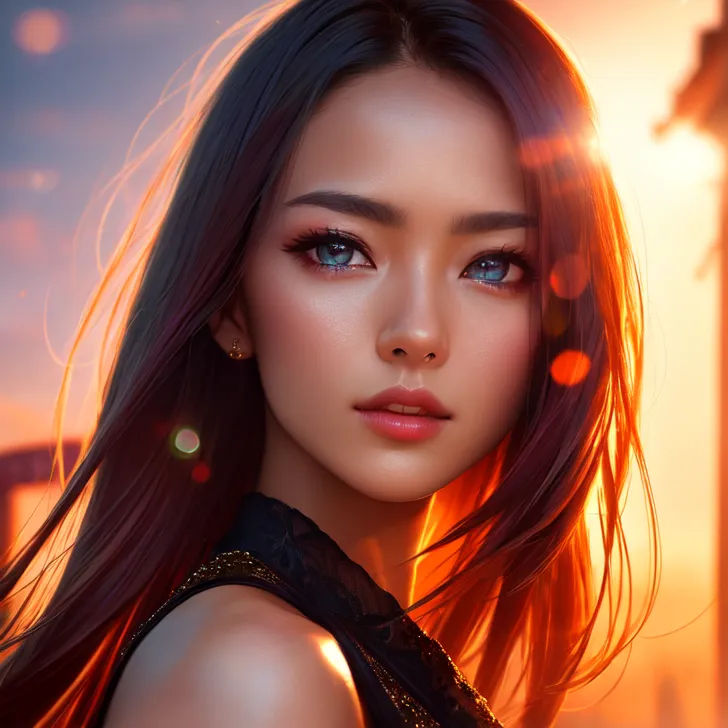 黄金色に染まった夕焼けを背景に、深い青い瞳が印象的な少女のポートレートです。長くしなやかな黒髪が光に照らされ、凛とした表情と高級感のある雰囲気が幻想的な魅力を放っています。