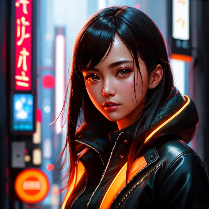 黒いジャケットに黄色のラインが映えるサイバーパンク風の少女が、赤とピンクのネオン看板に照らされた夜景を背景に静かに見つめています。アニメ調の整った顔立ちと、幻想的な光の表現が印象的です。