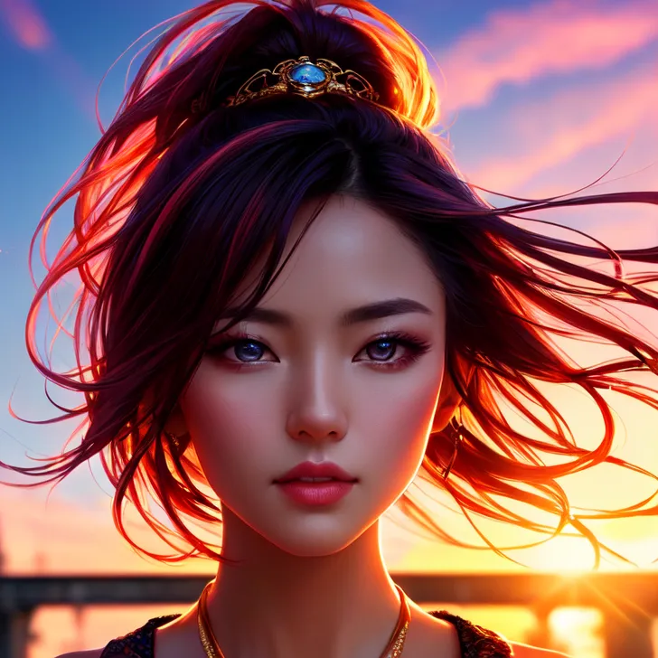 炎のような赤紫の長髪が夕日に輝く少女のポートレート。黄金色に染まる空と湖面を背景に、額の宝石のようなティアラが神秘的な雰囲気を演出しています。ファンタジック世界観に満ちた一枚です。