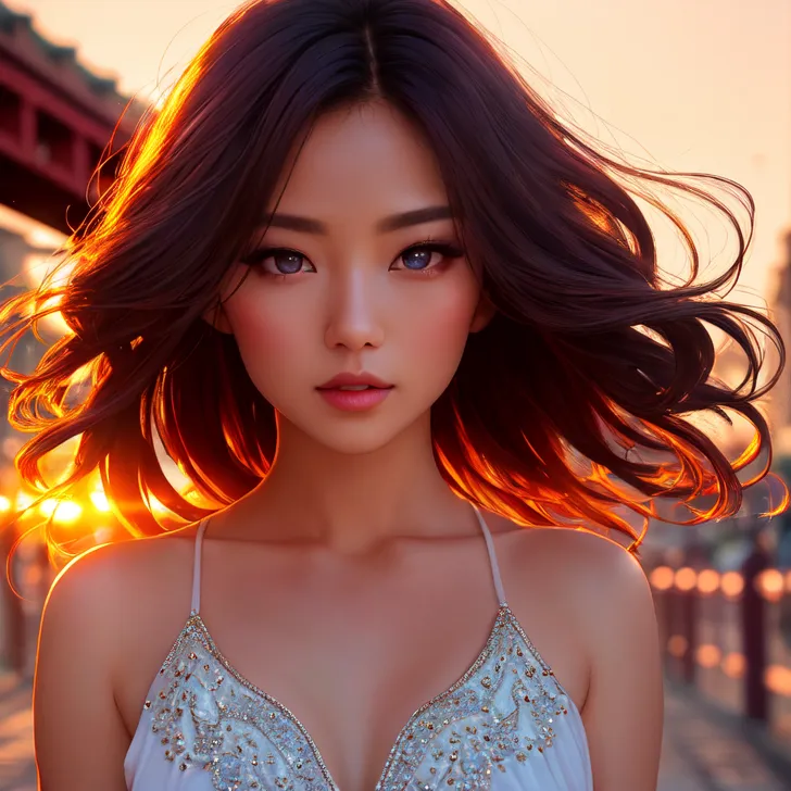 黄金色に輝く夕日を背景に、ウェーブのかかった長い黒髪が風になびく美少女のポートレートです。透明感のあるドレスと静寂に満ちた表情が、幻想的で儚い世界観を演出しています。