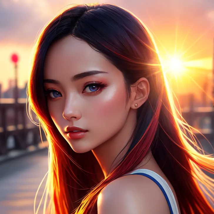黄金色の夕日に照らされた長髪の少女が、都会の屋外で物思いにふけるような横顔を見せています。透明感のある肌と深い眼差しが、夕焼けの暖色光に美しく映えるポートレートです。