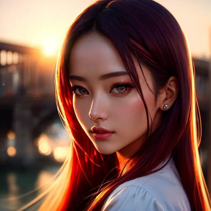黄金色の夕日に照らされた赤髪の少女が、静かな眼差しで横向きに佇んでいます。都市の夜景がぼんやりと背景に広がり、光と影の美しい対比が詩的な雰囲気を演出しています。
