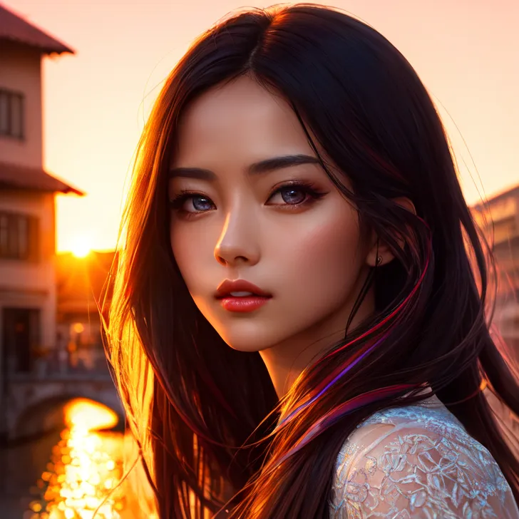古い街並みを背景に、黄金色の夕日に包まれた少女のポートレート。紫色の衣装に身を包み、思わしげな表情で振り返る姿が印象的です。長く流れる黒髪に光が反射し、夕暮れの情緒的な雰囲気が引き立てられています。