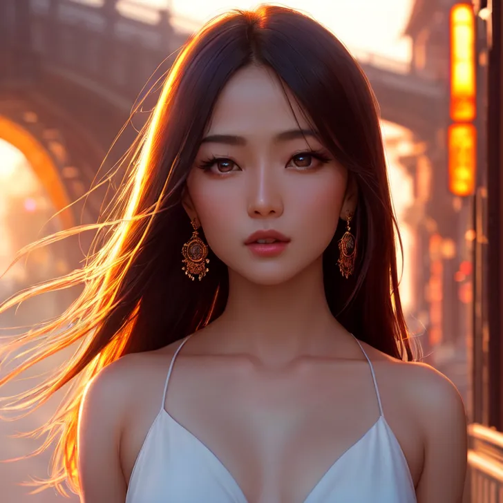 ゴールドアクセサリーを身につけた美少女が、夕焼けの光に包まれた情感的なポートレート。白のシンプルなワンピースに長い黒髪が風になびき、儚げな表情が物思いに浸った様子を見せます。
