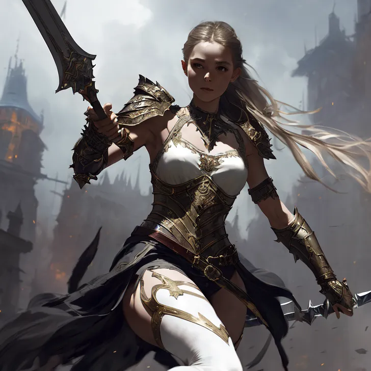 ファンタジック背景の古城跡で、黒と金色の甲冑に身を包み大剣を握る女性戦士のポートレート。長い髪が風になびく中、凛とした表情で遠くを見つめています。