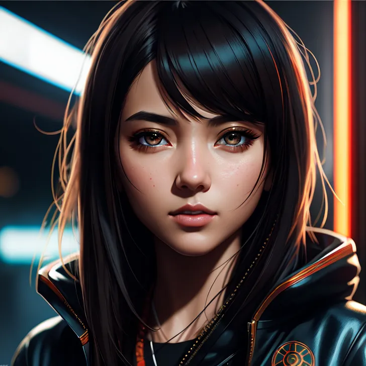 ネオンライトに照らされた夜景背景で、黒髪ロングにバングスの美少女がクールな表情で見つめる。ダークな革ジャケットに赤とオレンジのネオン光が映り込み、未来的で洗練された雰囲気のAIイラストです。