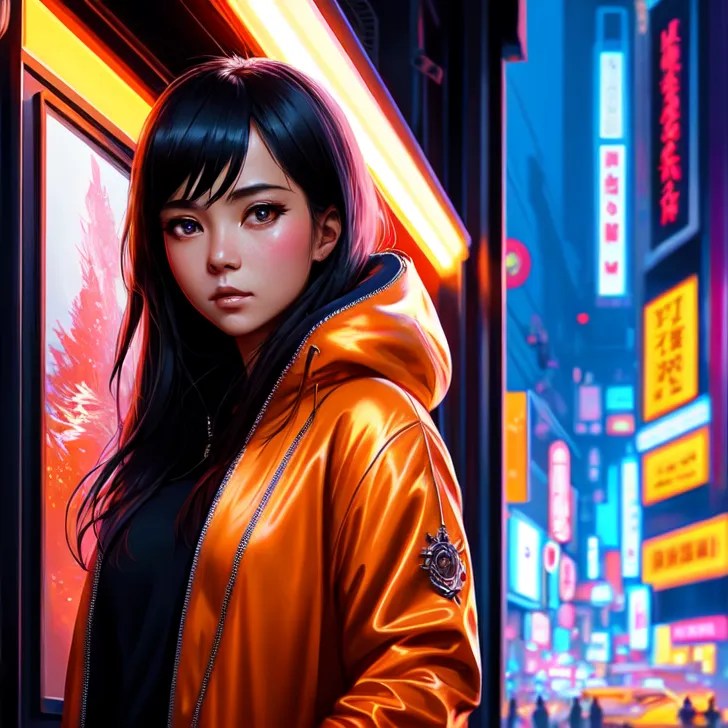 鮮やかなオレンジ色のジャケットに身を包んだ黒髪の少女が、ネオンサインが輝くサイバーパンク風の夜景の中でこちらを見つめています。赤と青に光る街並みの背景が、落ち着いた表情を引き立てるアニメ調イラストです。