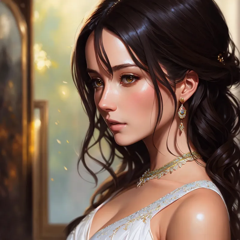 薄く優しい白いドレスを身にまとい、装飾的なアクセサリーで彩られた黒髪の美少女。物思いにふけるような横顔の表情と、柔らかい光の中での清楚で上品な雰囲気が印象的なポートレートイラストです。