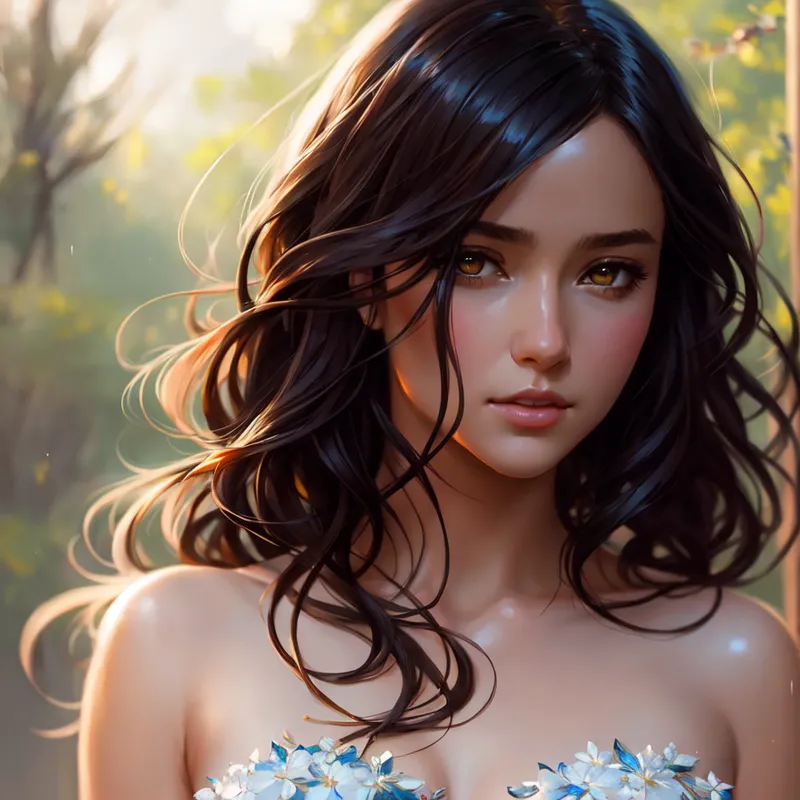 黒く長い髪がそよ風になびく、儚げな表情の美少女ポートレート。春の柔らかな日差しが肌を優しく照らし、白と青の花飾りが清楚な印象を引き立てます。
