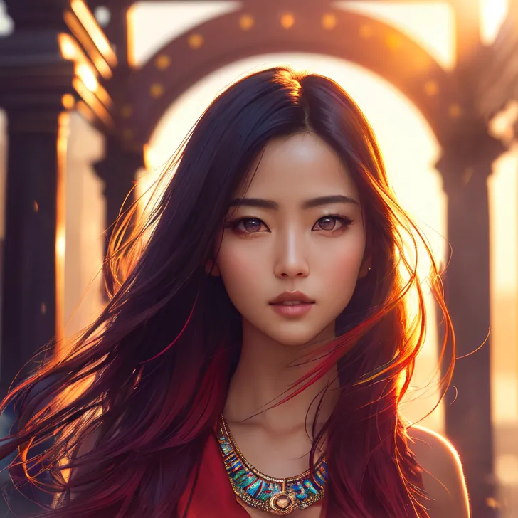 深紅に輝く長い髪と古典的な首飾りが特徴の美少女ポートレート。黄金色に染まった夕焼けの背景が、凛とした表情と優雅な横顔を引き立たせています。東洋的な美意識が漂う一枚です。