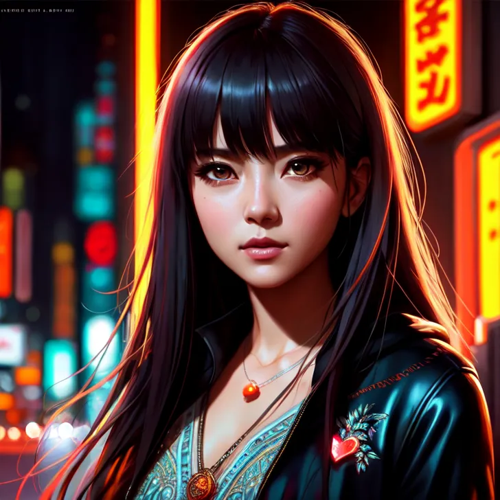 赤と黄のネオン看板が輝く夜の街を背景に、黒い長髪と前髪を持つ美少女が静かに佇んでいます。和風の刺繍が入った黒いジャケットを身に纏い、オレンジ色の宝石が首元で光を放つ、サイバーパンクな雰囲気のイラストです。