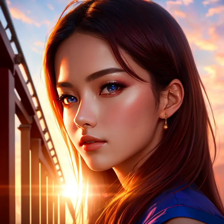 黄金色に輝く夕焼けを背景に、長い黒髪と青い瞳が印象的な美少女が物思いに耽る横顔を見せています。光と影が交錯する屋外の情景が、静寂の中の深い思考をひきたてています。