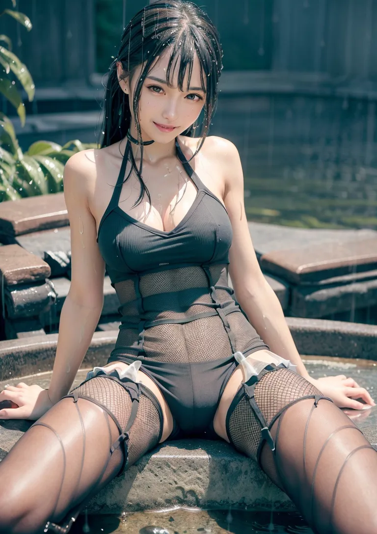 濡れた黒髪が頬に落ちる雨の日のポートレート。モノトーン調の落ち着いた色彩で、横を向くやや寂しげな表情が印象的です。庭園の石造りの背景が静寂を引き立たせています。