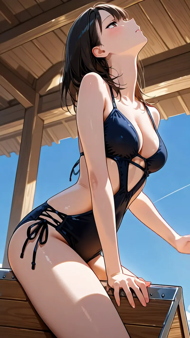 木製の建築物を背景に、青空の下で上を向く黒髪の美少女。紺色の水着姿で、温かな日差しが肌を優しく照らすアニメ調イラストです。