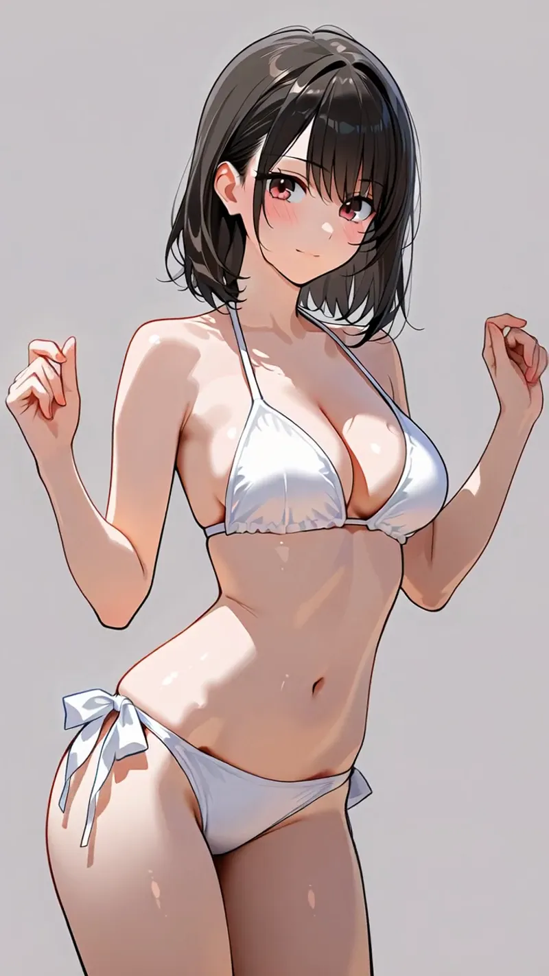 黒髪のボブカットに赤紫色の瞳が印象的な美少女が、白いビキニ姿で明るく微笑む夏らしいポートレートです。淡いグレー背景が人物を引き立てる洗練されたアニメ調イラストです。
