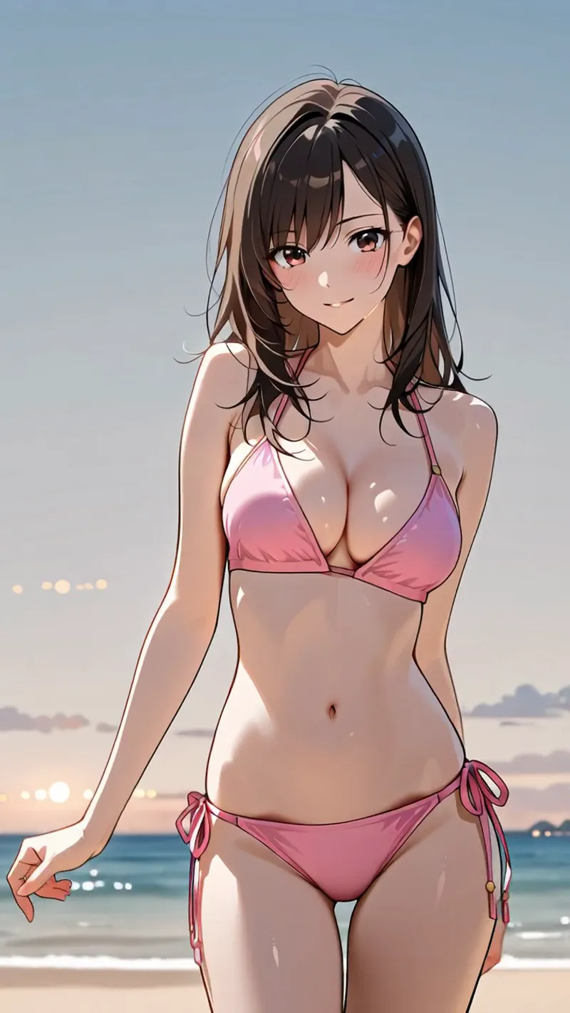 紺ピンク色のビキニを身に纏い、海辺で穏やかな表情を見せる黒髪ショートの美少女。夕方の柔らかな光と波が情緒的な雰囲気を醸し出すアニメ調ポートレートです。