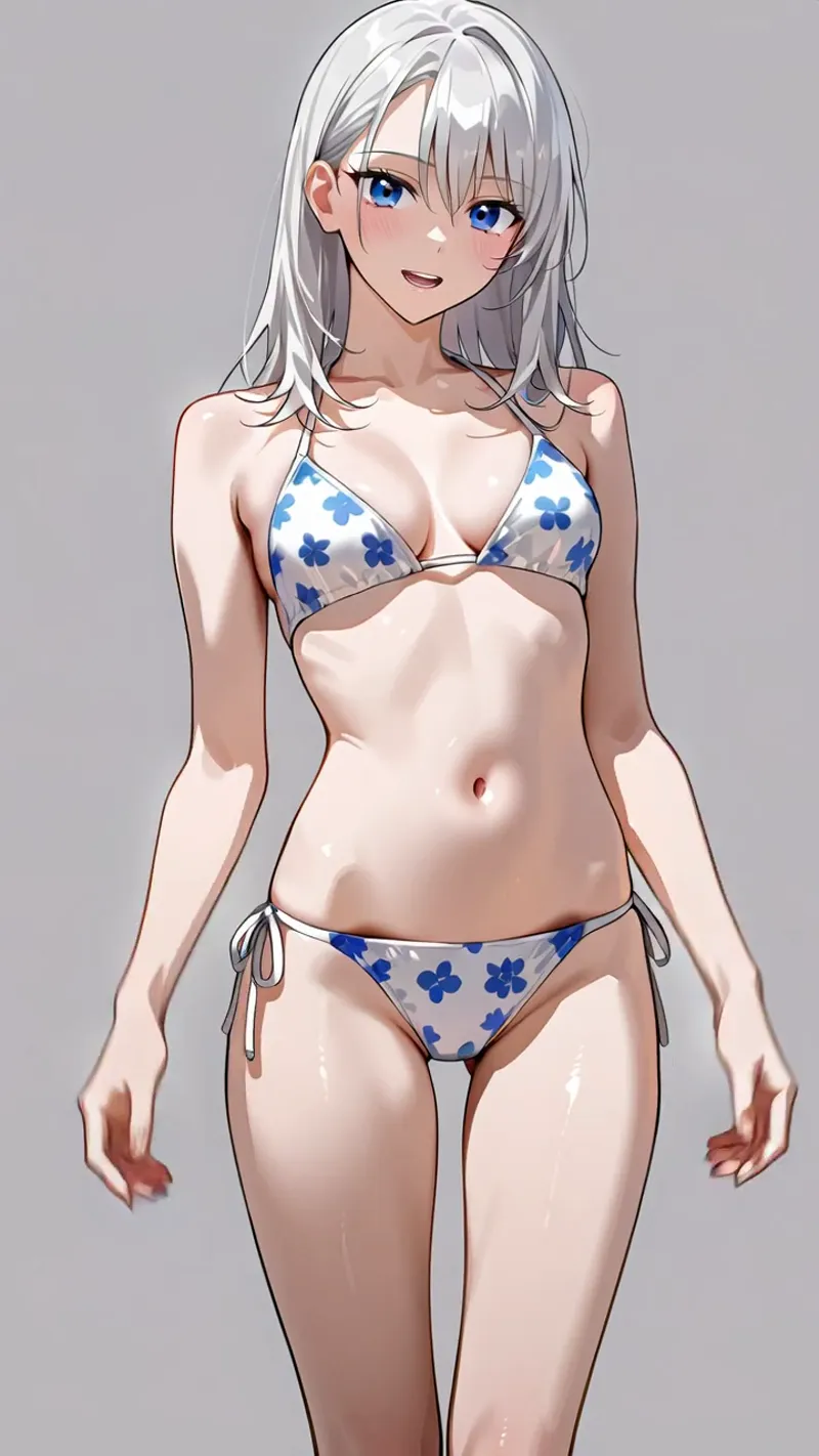 瑞々しい肌と鮮やかな青い瞳が印象的な白髪の美少女イラストです。青い花柄が入った爽やかなビキニで、自然な表情と明るい雰囲気を持つポートレート作品です。