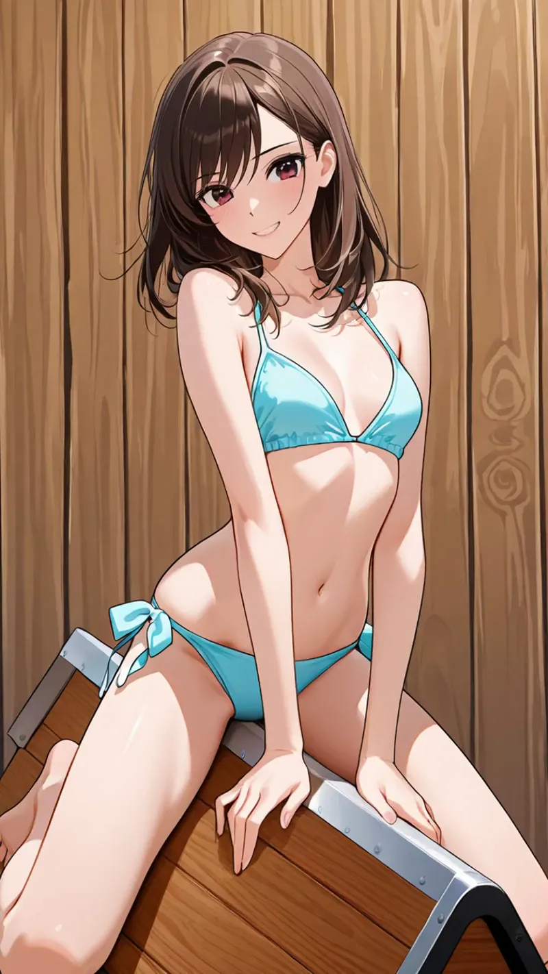 赤紫色の瞳と黒髪ショートボブが特徴の美少女が、温かみのある木目背景の前で優しく微笑んでいるアニメ調イラストです。明るい色彩と柔らかなタッチで描かれた魅力的なポートレート作品。