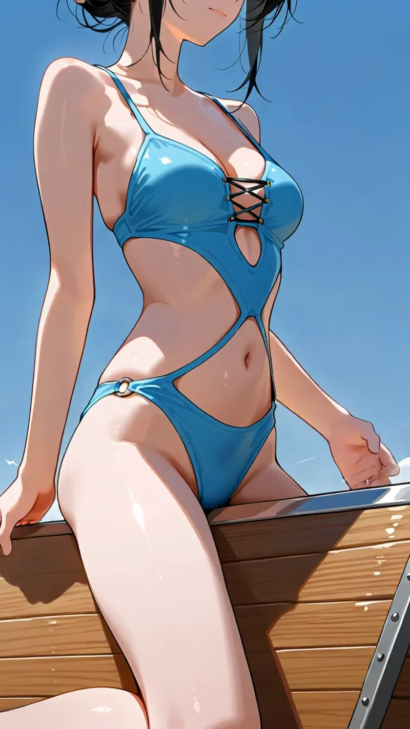 清々しい青空を背景に、木製のボートに座る黒髪の少女を描いたアニメ調イラストです。青いビキニ姿で、爽やかな日中の風景の中で穏やかな表情を見せています。