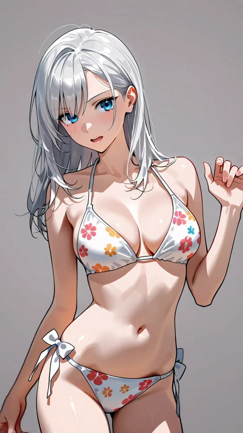 涼しい銀色の長髪と透き通った青い瞳を持つ女性が、カラフルな花模様が入った白いビキニを着用し、柔らかい表情で正面を向いています。グレーの背景に浮かぶような構図が特徴的です。