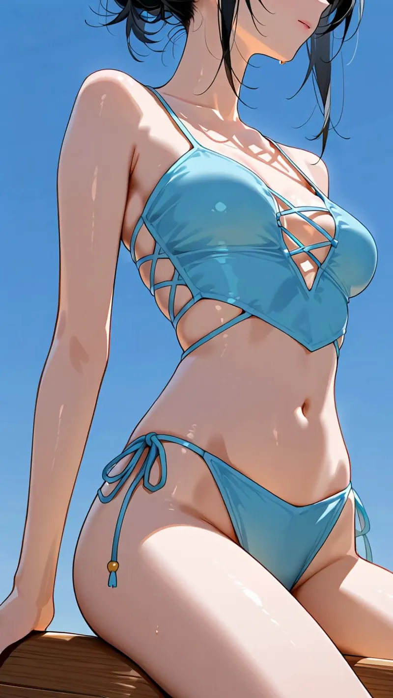 清涼感あふれる青空を背景に、黒髪の美少女が上品な横向きポーズで佇んでいます。爽やかな青のビキニと白肌のコントラストが印象的なアニメ調イラスト作品です。
