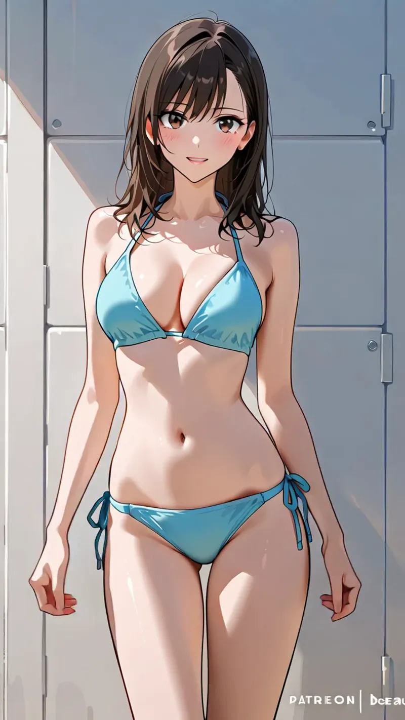 明るい室内を背景に、青いビキニを着た黒髪の少女がカメラに向かって微笑んでいます。アニメ調の柔らかなタッチで描かれた、清潔感のあるポートレートです。