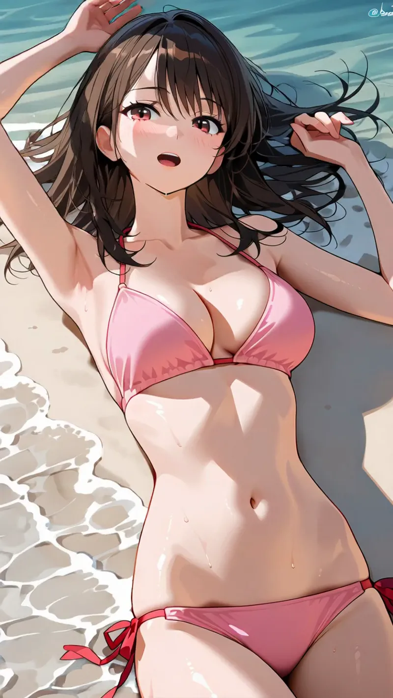 波打つ海を背景に、ピンクのビキニ姿で髪をかき上げる黒髪の美少女。赤い瞳が印象的で、白い砂浜と青い海に映える夏らしいアニメ調イラストです。