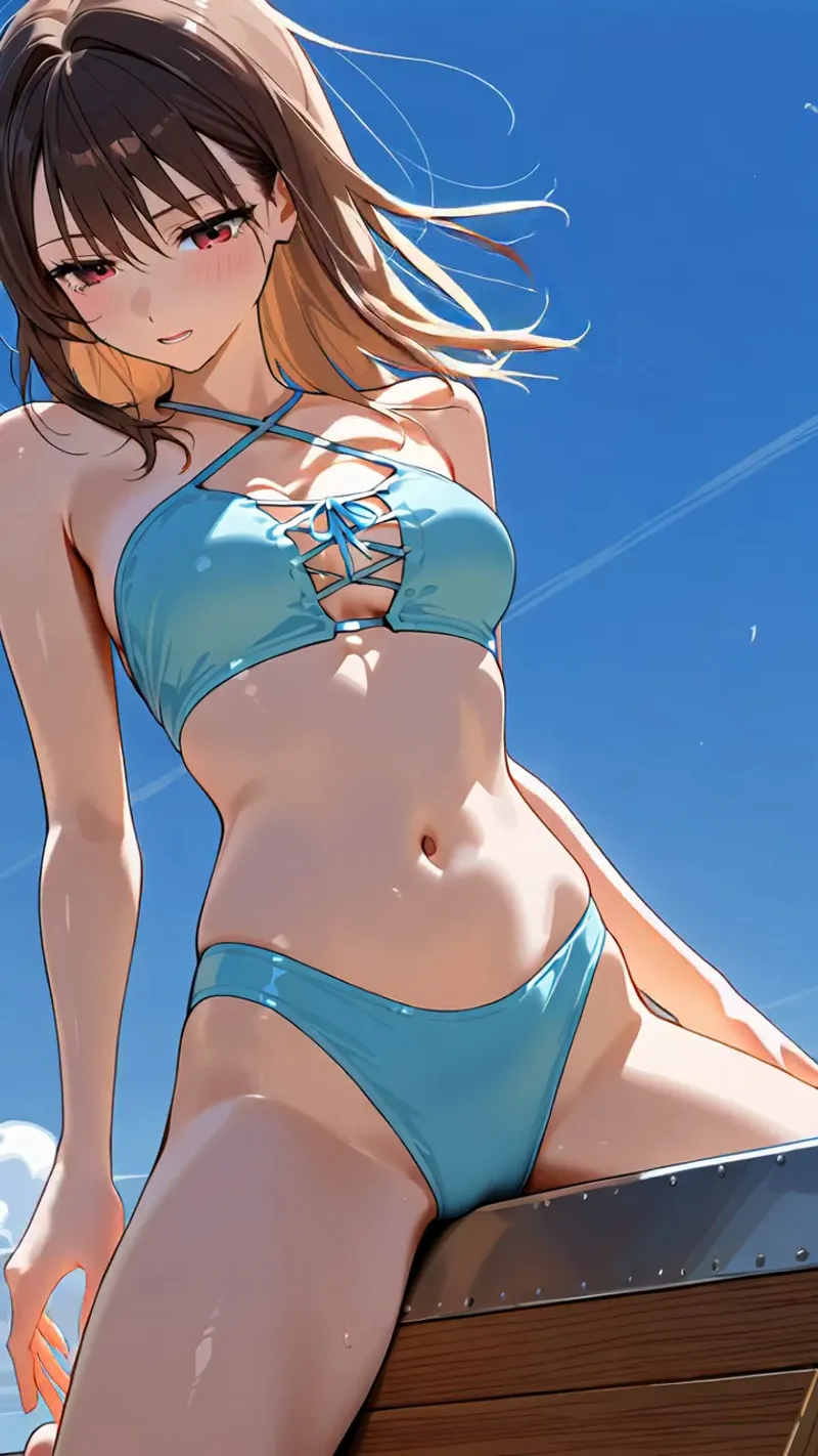 深い赤い瞳と流れるような茶髪が印象的な美少女のアニメ調イラストです。青い空を背景に、さわやかな色合いの水着姿で、穏やかな表情を浮かべています。