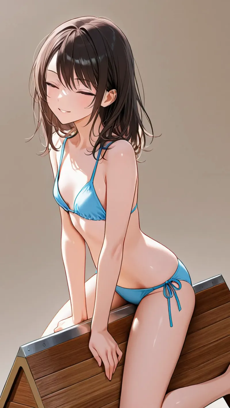 柔らかな笑顔が魅力的な女性のアニメ調イラストです。セミロングの黒髪と明るい肌色、青いビキニ姿で木製のベンチに座った、穏やかで優雅な雰囲気を醸し出しています。