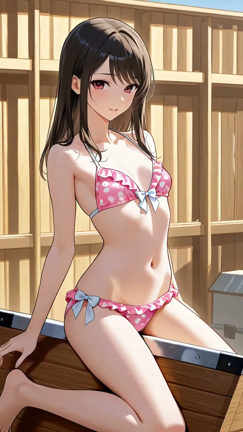 黒髪ロングと薔薇色の瞳が印象的な美少女が、ピンクの水玉模様ビキニを身につけ、明るい窓辺でリラックスした表情を浮かべています。温かい光に包まれた室内での優雅なアニメ調イラストです。
