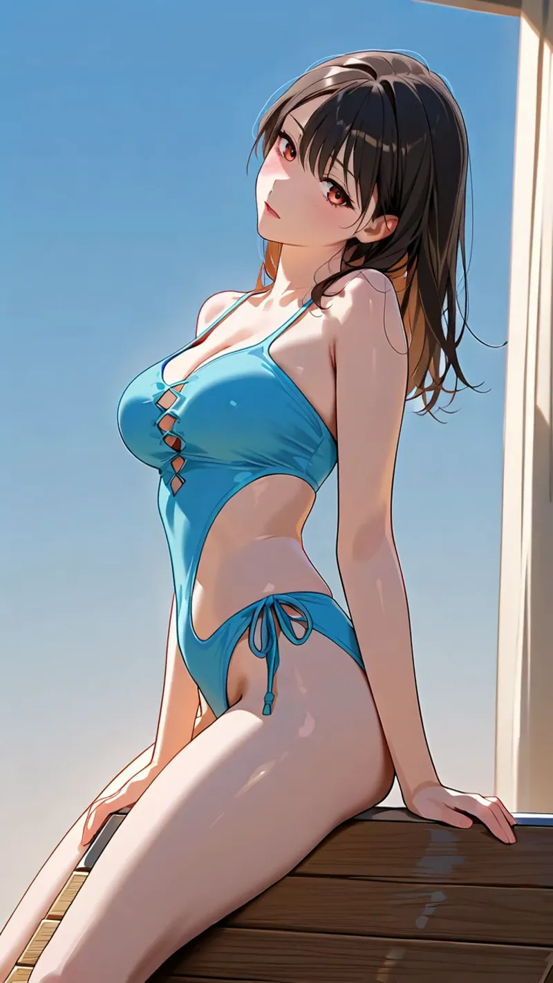 黒髪が流れる少女が青い海水着で窓際に佇む、爽やかな午後の光に包まれたアニメ調イラスト。赤い瞳と柔らかい表情が印象的です。