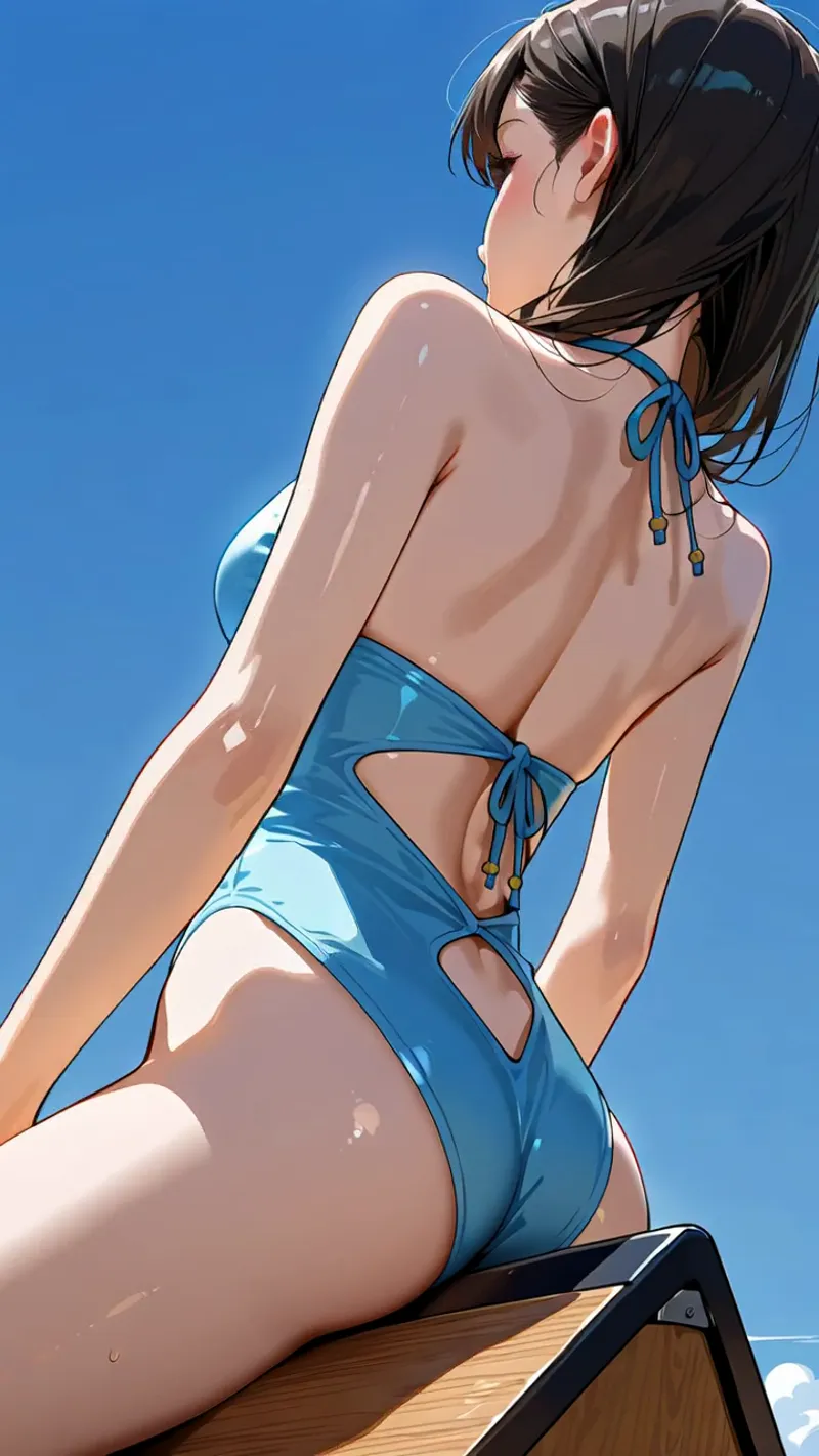 黒髪をなびかせ、澄んだ青空を背景に佇む少女のアニメ調イラスト。水色のリボンが髪や衣装をあしらい、光と影の表現で立体感のあるポートレートに仕上がっています。