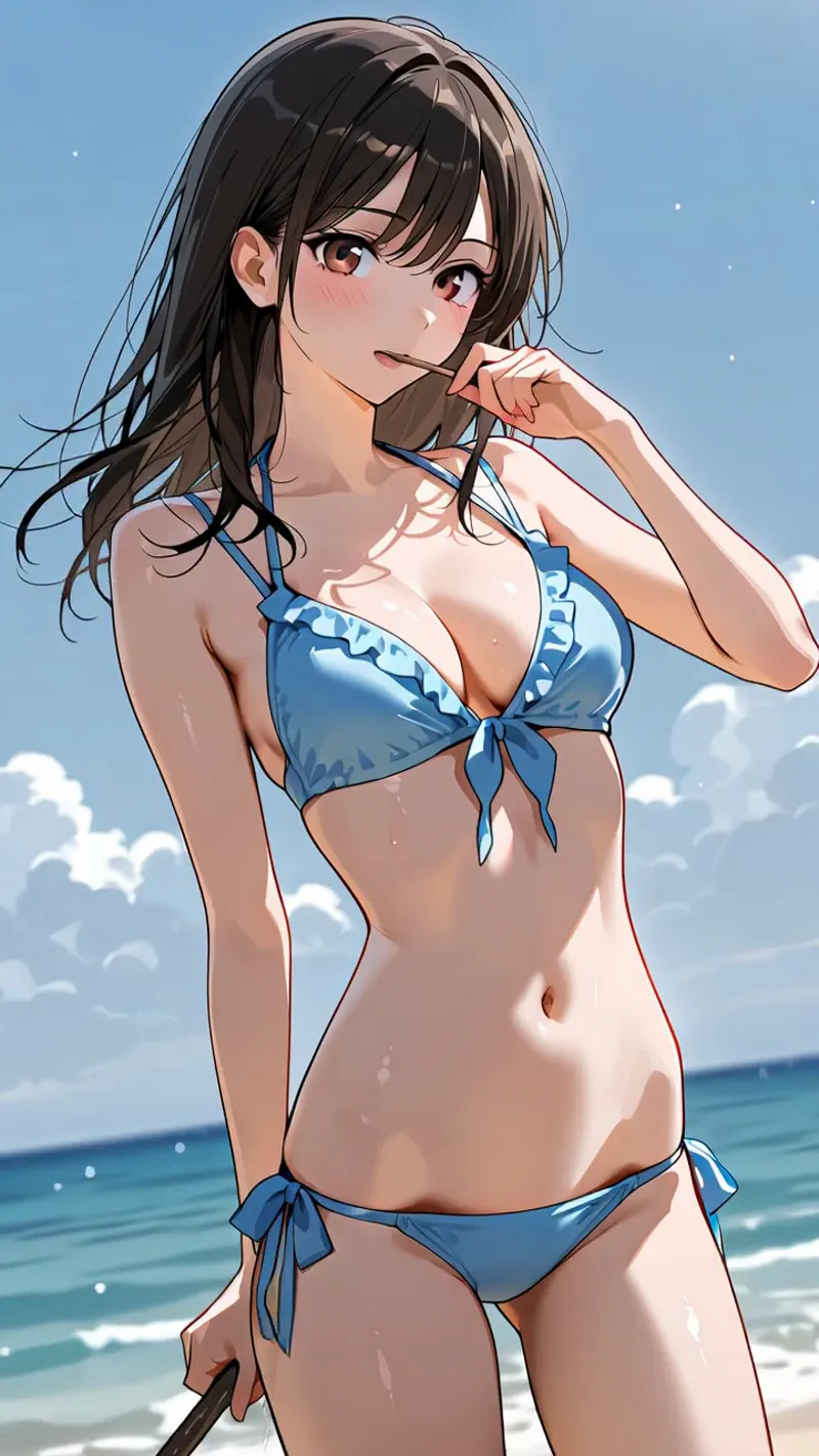 澄んだ青空と波打つ海を背景に、黒髪の美少女が青いリボン付きビキニで佇む。瑞々しい肌の質感とさらりとした髪の動きが、夏の爽やかさを引き立てる、AI生成の高品質アニメ調イラストです。