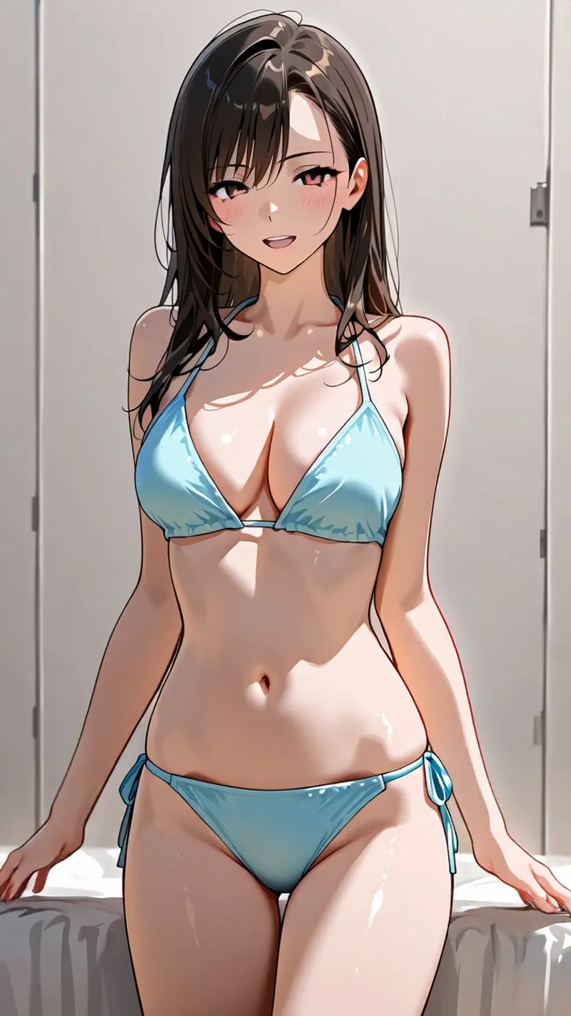 白を基調とした清潔感のある室内で、薄い青色のビキニを着た黒髪の美少女がポートレートスタイルで佇んでいます。柔らかな光が肌を優しく照らし、穏やかな表情が印象的なアニメ調イラストです。