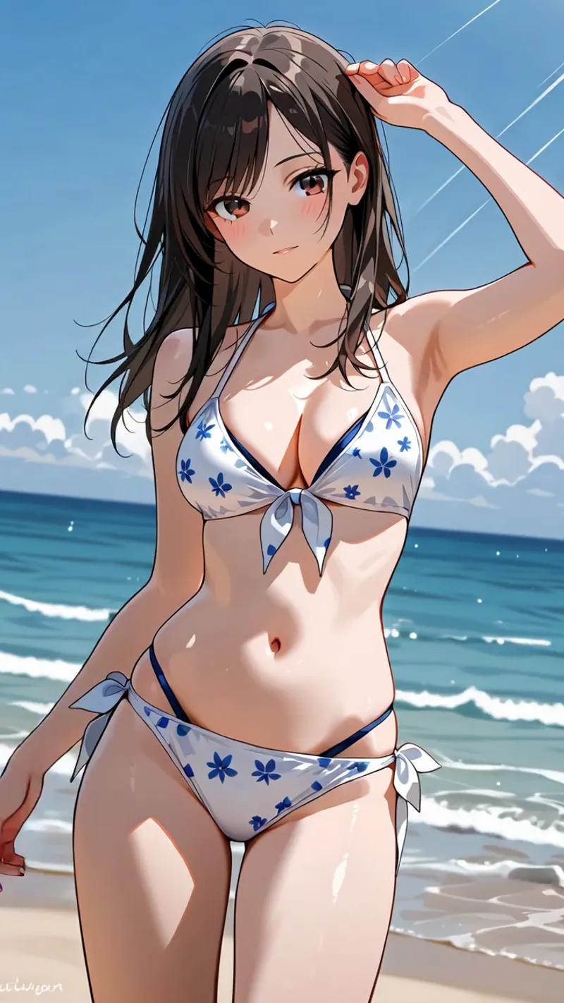 青空と青い海に映える黒髪の美少女が、花柄の白いビキニを身に纏い、爽やかな浜辺で優雅なポーズを見せるアニメ調イラストです。