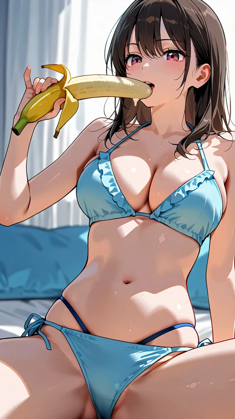 黒髪にピンク色の瞳を持つ少女が、バナナを持ちながら爽やかな笑顔を見せるアニメ調イラストです。青色の水着姿で、窓からの自然光が差し込む明るい室内で撮影されたような構図が特徴です。