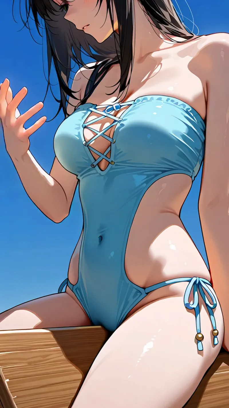黒髪が風に靡く美少女が、鮮やかな青い水着で清涼感あふれる表情を見せるアニメイラスト。晴れた空を背景に、木製のデッキに座る優雅なポーズが特徴です。