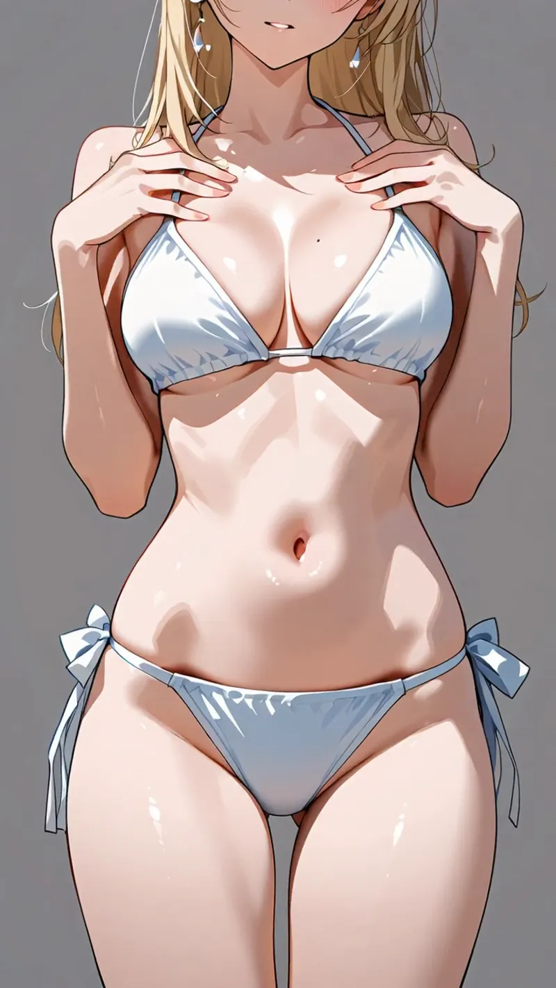 淡いベージュの背景に、白のビキニを纏った長髪の少女を正面から描いたアニメ調イラストです。リラックスした表情と光沢感のある肌質表現が特徴的な作品。