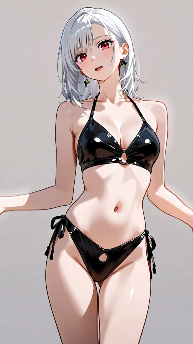 赤紫色の瞳が印象的な銀髪の美少女を描いたアニメ調ポートレート。黒いビキニスタイルと落ち着いた背景、光の陰影を活かした立体的な肌表現が特徴です。