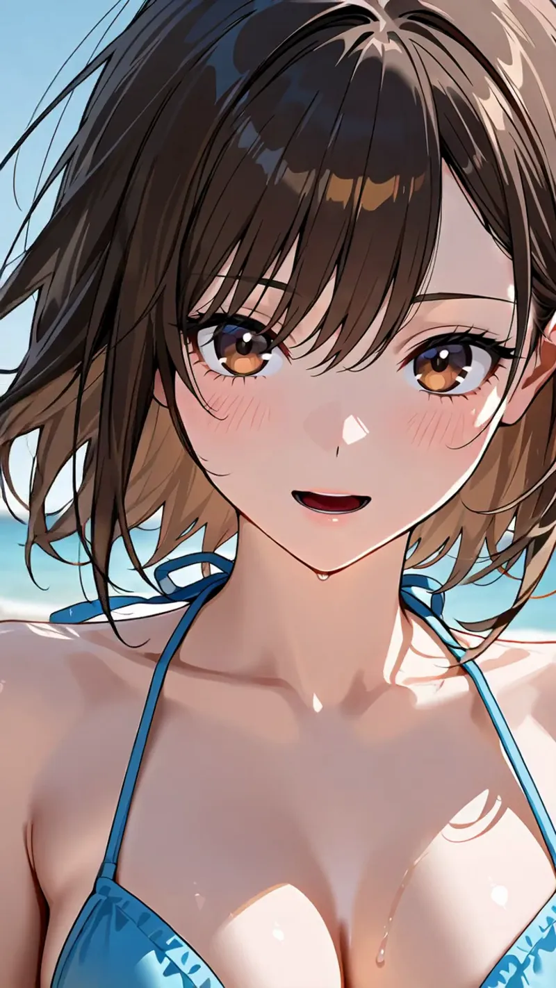 濃い茶髪のショートボブヘアと琥珀色の瞳が特徴的な美少女のアニメ風イラスト。青いビキニを身に纏い、爽やかな表情で微笑む姿が、青い空と海を背景に生き生きと描かれています。