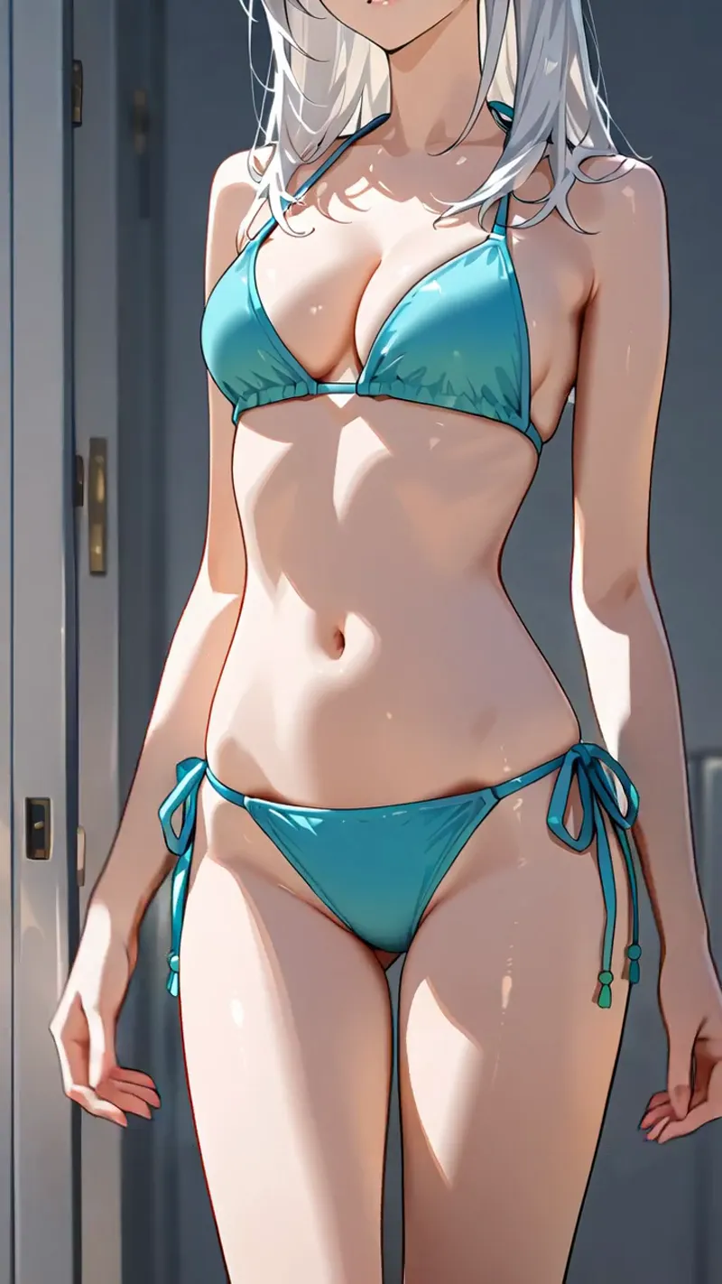 爽やかなターコイズブルーのビキニを身に纏った銀髪美少女のアニメ調イラストです。室内の自然光が柔らかく肌を照らし、落ち着いた背景との対比で人物が引き立つ構図となっています。