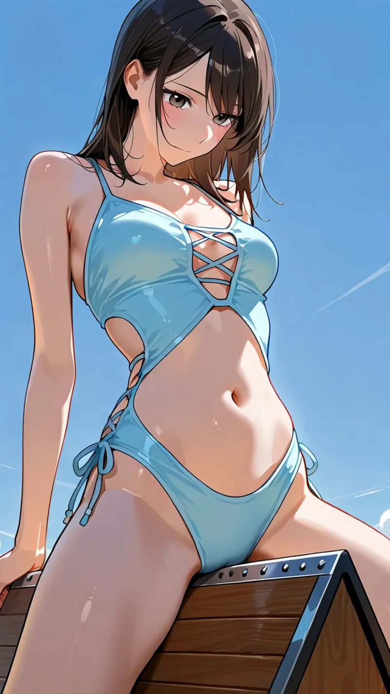 黒髪をなびかせた女性が、紺青の水着姿で青空を背景に凛とした表情を向けています。アニメ調の繊細な陰影とハイライトで描かれた、夏らしい爽やかなイラストです。