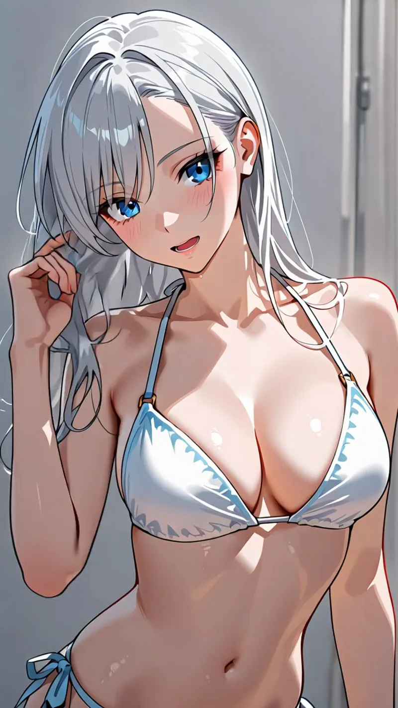 銀色のロングヘアと鮮やかなブルーの瞳が印象的な美少女のアニメ調イラストです。爽やかな笑顔と自然な仕草で、明るく親しみやすい雰囲気が表現されています。