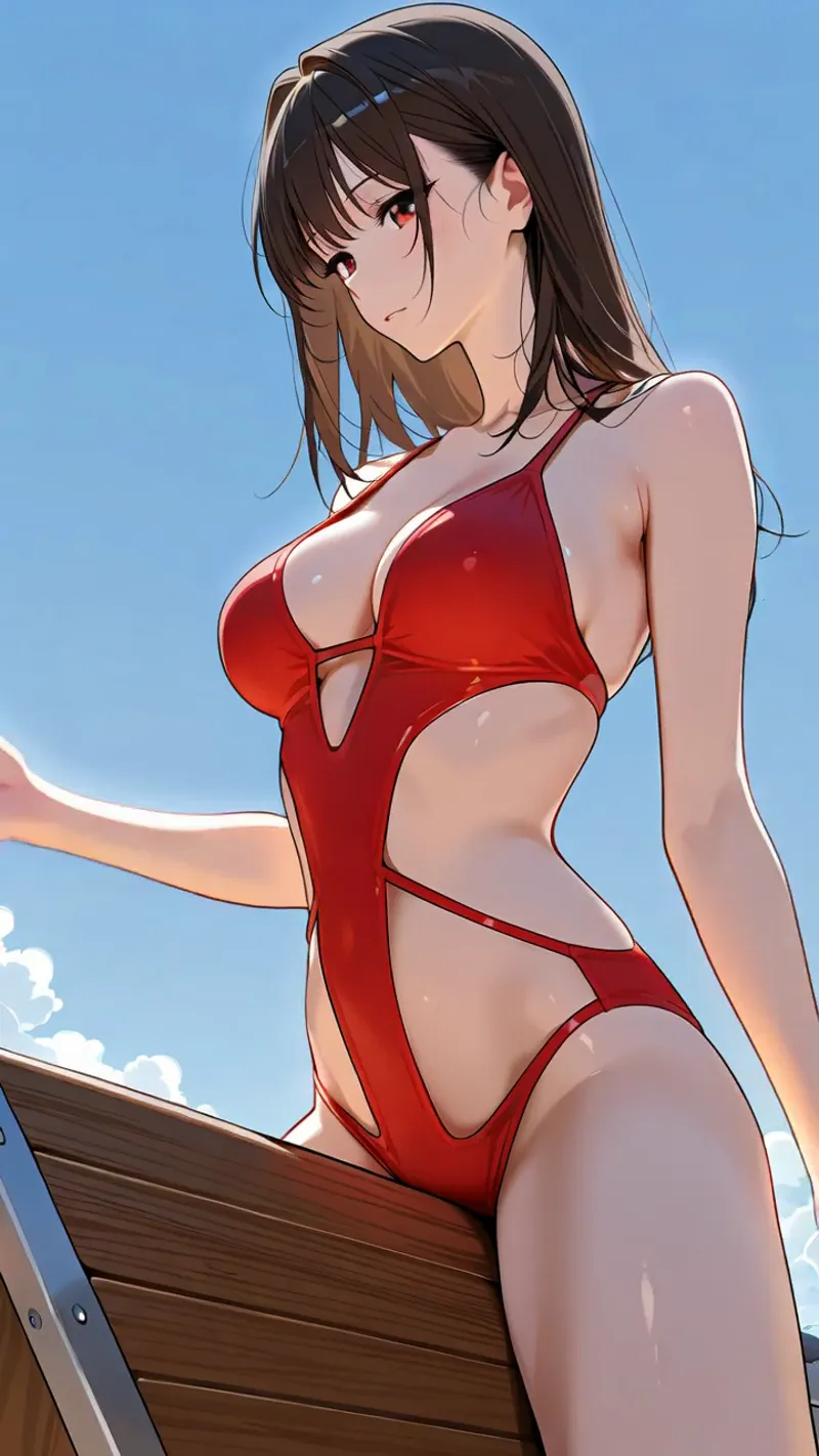 明るい青空を背景に、赤いワンピースを着た長髪の美少女が描かれています。木製のデッキから空を見つめる横顔のアニメ調イラストで、清涼感のある夏の情景を表現しています。
