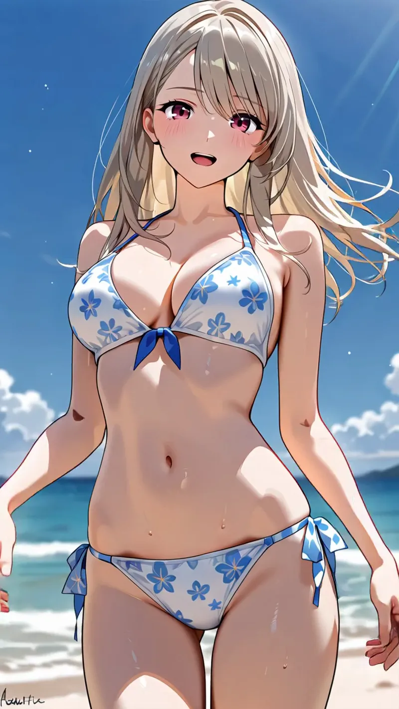 白銀の長髪と赤紫色の瞳が印象的な美少女が、青い花柄のビキニを身に纏い、海岸に立っています。澄み渡る空と波打つ海を背景に、爽やかな表情で微笑む姿が描かれた清涼感あふれるイラストです。
